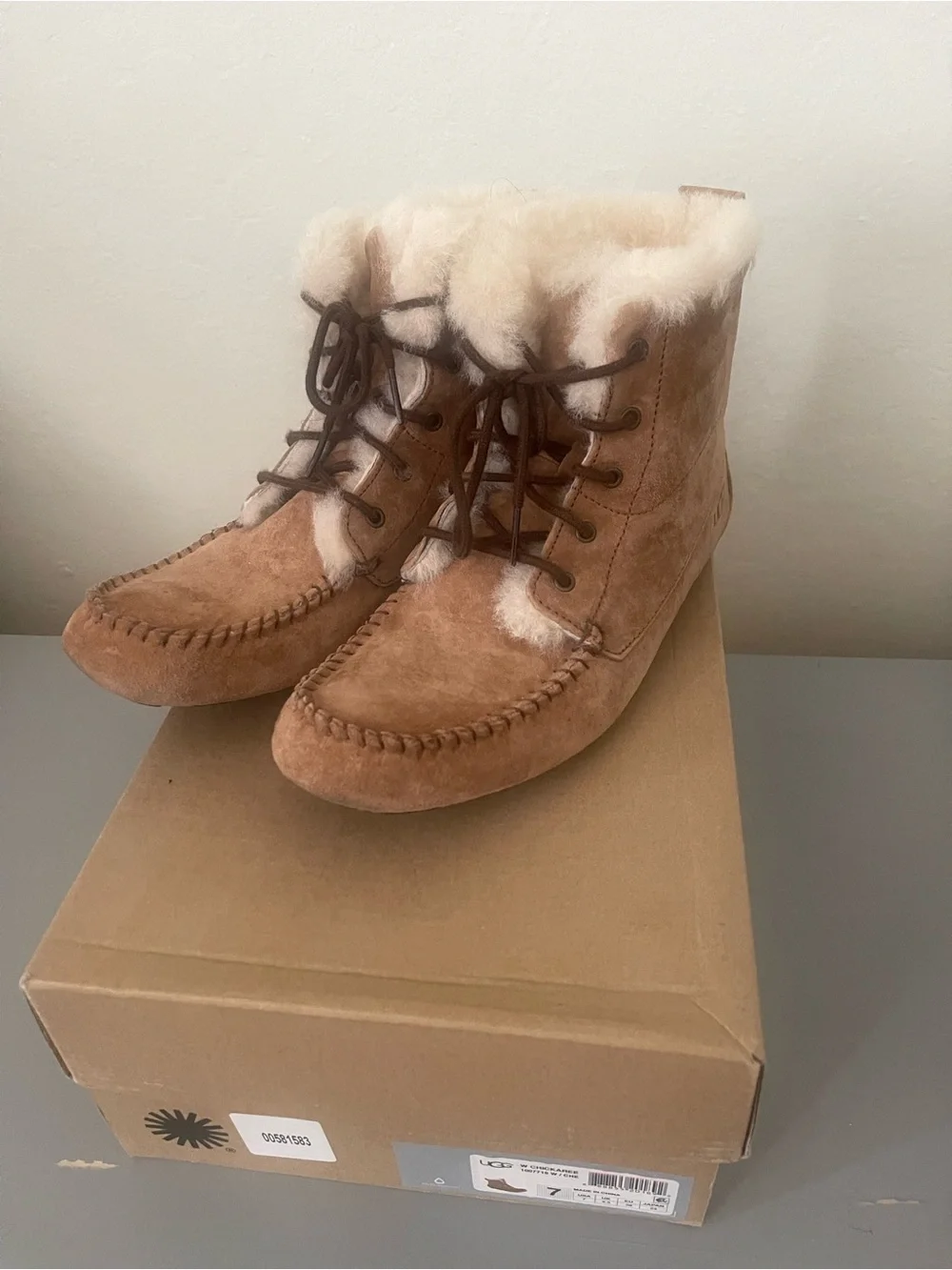 UGG Chestnut Suede Lace-Up Shearling Ankle Boots